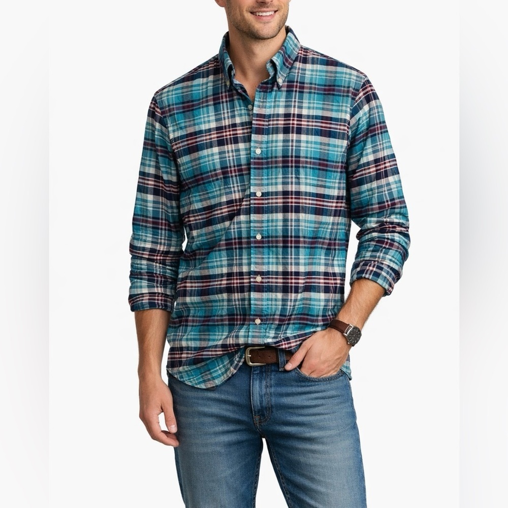 Ralph‎ Lauren Plaid Shirt Mens M Stretch Oxford Blue Red Classic Fit